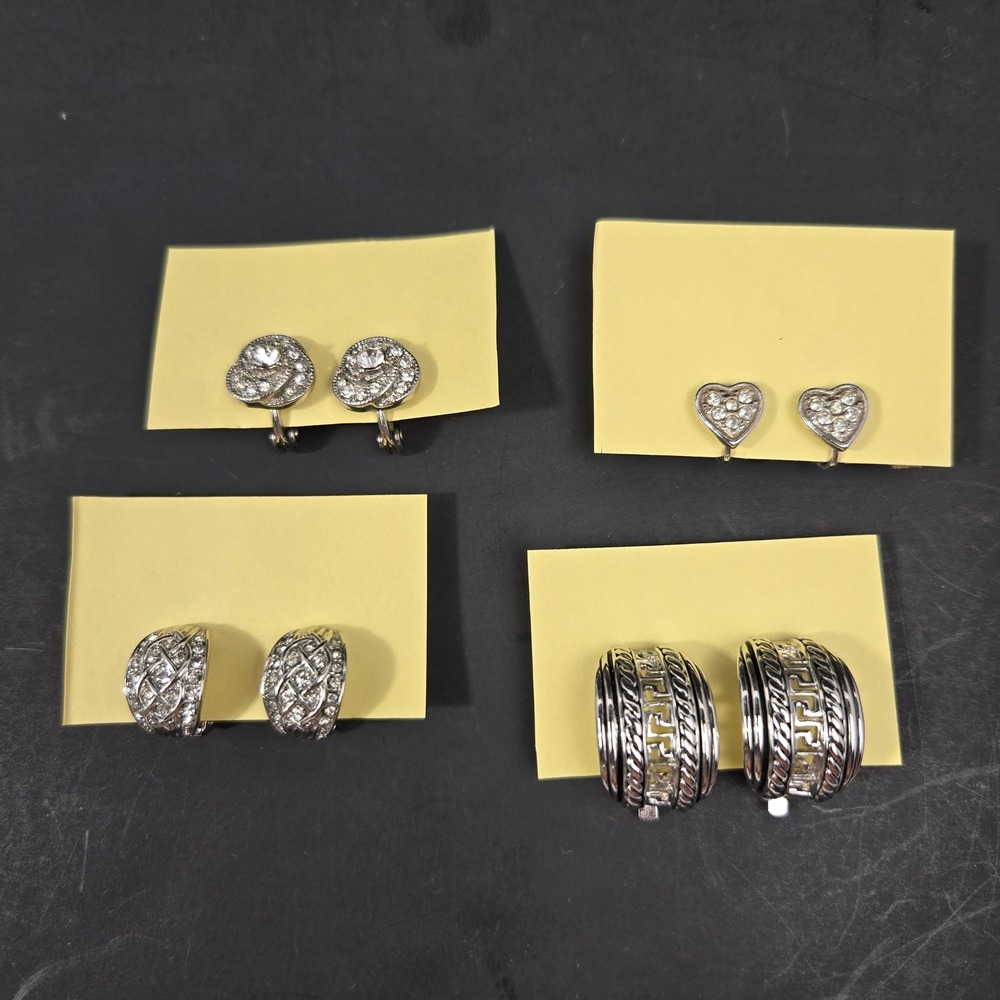 Vintage Clip On Earring Lot 4 Pairs Avon Monet Rhinestone Silver Tone Heart Hoop